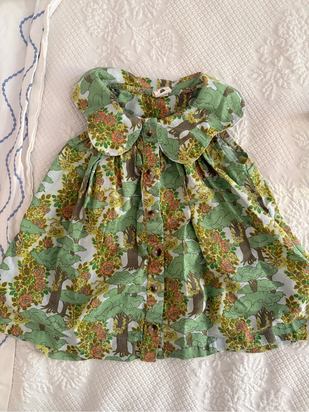 kate quinn Green Tree & Floral Print Girls' Dress with Peter Pan Collar